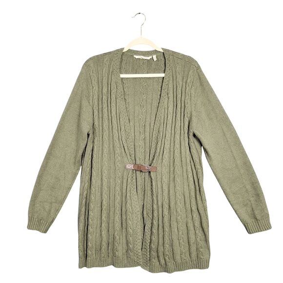 SOFT SURROUNDINGS 2DK70 Green Wren Belted Cable Knit Cardigan SIZE LARGE - Picture 1 of 11